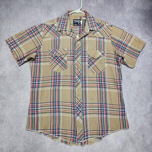 VTG Wrangler Shirt Mens 16.5 Tan Plaid X-Long Tails Pearl Snap Western 70s USA